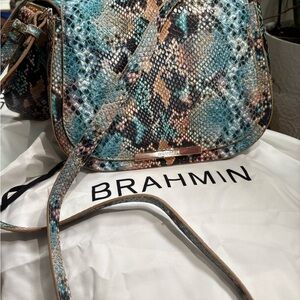 Brahmin Blue/green and Brown Snake Print Crossbody Bag
9 1/2” W, 8” H, 3” deep